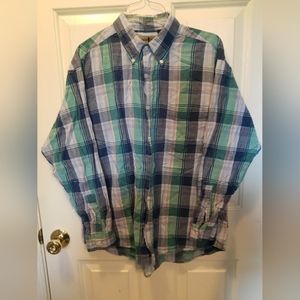 Vintage Blue, Green Plaid Men's Button Down Dress Shirt By Robert Stock size Med